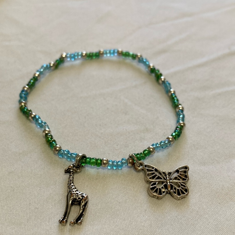 Giraffe and Butterfly green and light blue beaded bracelet Festival seas…